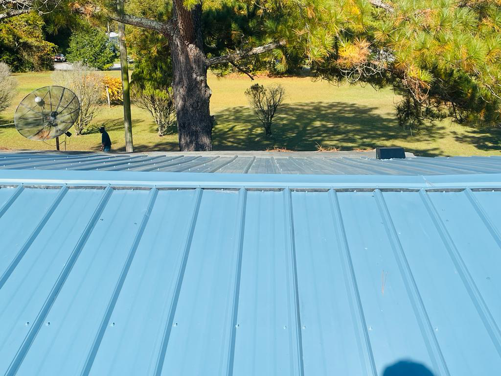 A blue metal roof